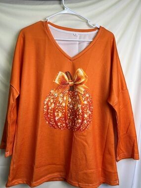 Orange V-Neck Long Sleeve Tee with Pumpkin Graphic